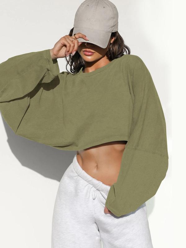 Women's Plain Crop Pullover Sweatshirt, Street Fashion Casual Drop Shoulder Long Sleeve Crew Neck Sweatshirt for Daily Wear, Ladies Spring & Fall Clothes