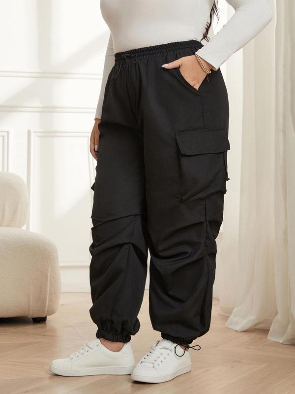 CURVZY Christmas Deals, Plus Size Solid Drawstring Waist Cargo Pants, Casual Pocket High Waist Trousers for Women, Women's Bottoms for Fall & Winter, Christmas 2024 Trend, Fall & Winter Clothes
