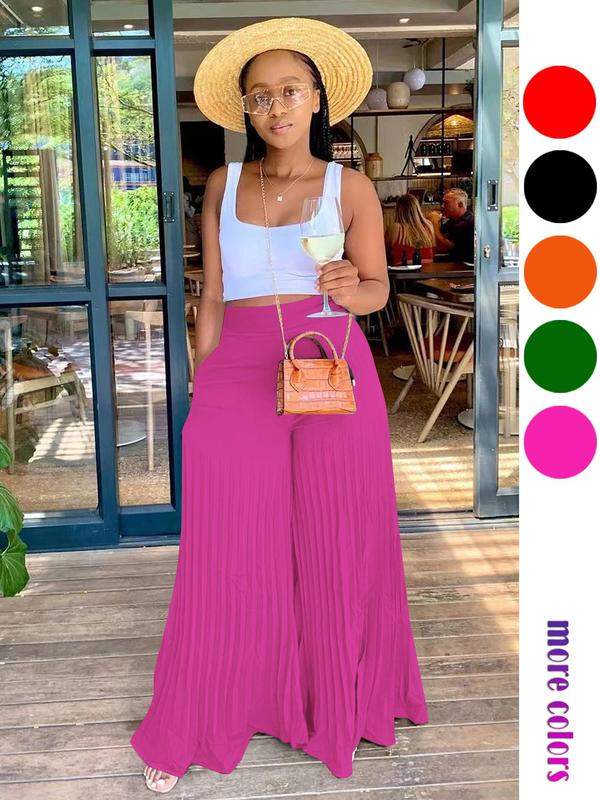 Christmas Deals Women's Solid High Waist Wide Leg Pants, Back To School Outfits, Casual Comfy Pleated Trousers for Daily Wear, Pants for Women, Ladies Bottoms for Fall, Christmas 2024 Trend, Fall & Winter Bottoms