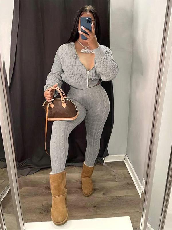 Women's Thin Semi-sheer Cable Knit Textured Set, Casual Longsleeves Hooded Sweater & High Waist Skinny Pants Set, Lady 2024 Summer Clothes, Gym Outfits Downtown Girl Clothes, Downtown Girl Clothes