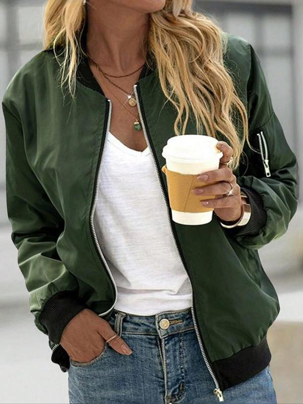 Women's Solid Color Zip Up Drawstring Pocket Drop Shoulder Bomber Jacket, Casual Long Sleeve Baseball Outerwear for Spring & Fall, Jackets for Women, Ladies Clothes for Daily Wear
