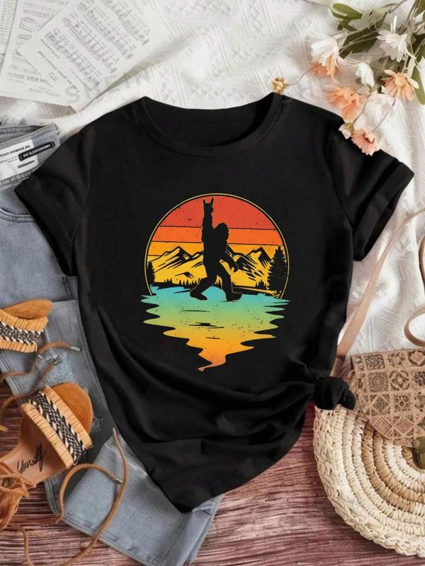 Women's Mountain & Animal Print Round Neck Graphic Tee, Vintage Trendy Casual Short Sleeve T-shirt for Daily Wear, Ladies Summer Outfit