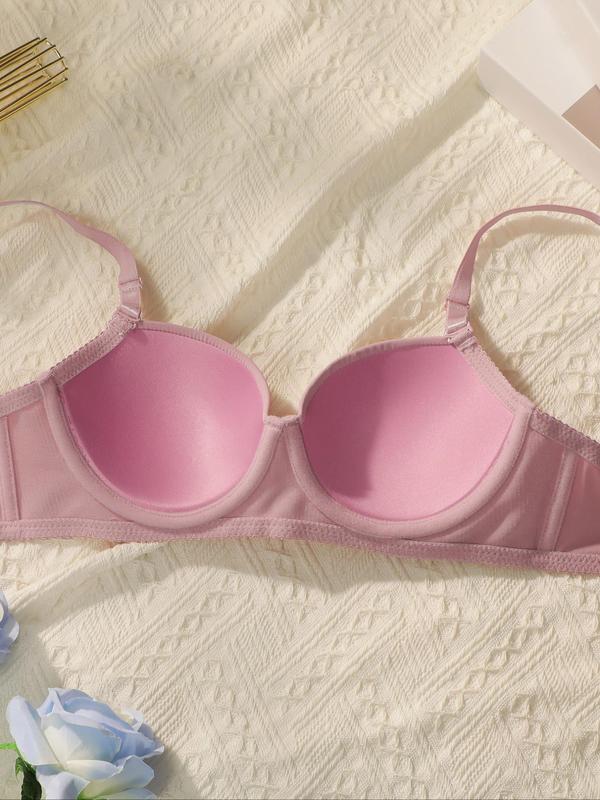Women's Solid Color Underwire Bra & Panty Set, Adjustable Strap Push Up Bra & Panty Set, Soft Comfy Breathable Lingerie Set for Women