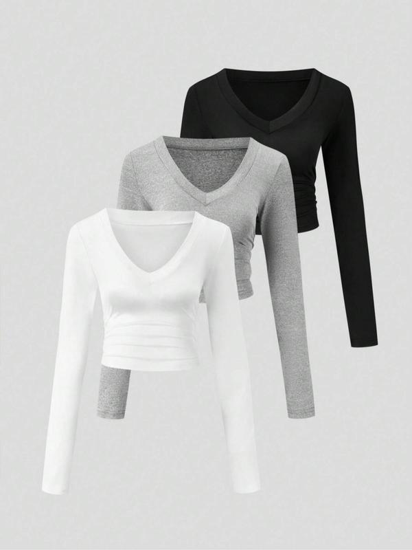 Women's Solid Ruched V Neck Tee, Elegant Fashion Casual Long Sleeve T-shirt for Daily Outdoor Wear, Women Clothing for Fall & Winter