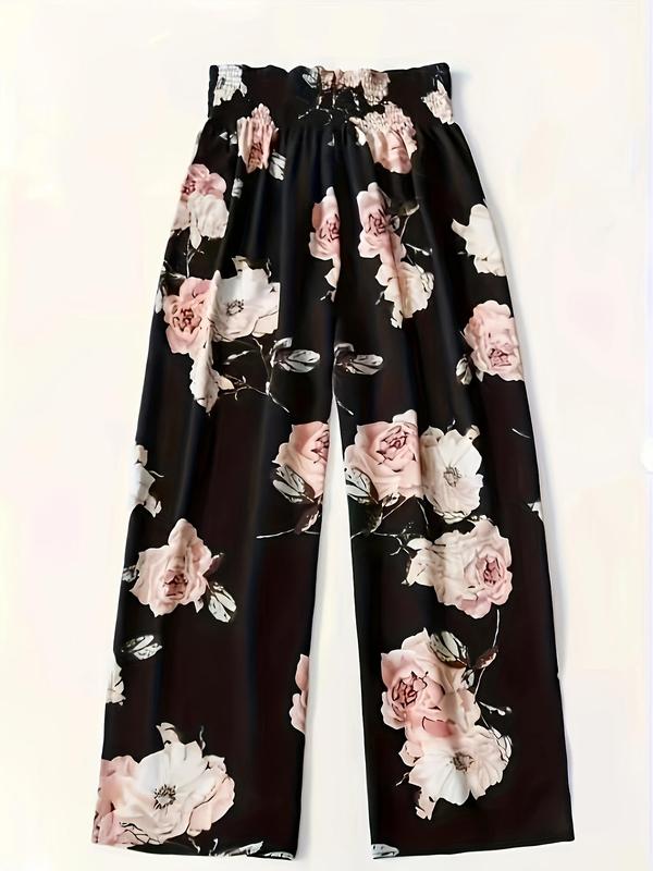 Women's Floral Print Drawstring Waist Wideleg Pants, Boho Shirred Trousers for Lady Daily Wear Holiday Vacation, Going Out Bottoms, Summer Outfits 2024, Ladies Bottoms for All Seasons, Womenswear Back To School
