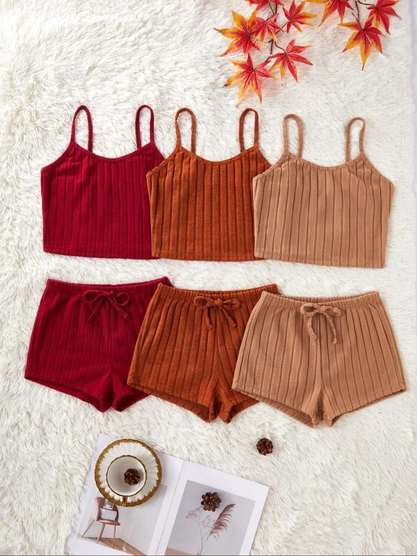 Women's Solid Color Crop Cami Top & Tie Front Shorts Pyjama Set, Casual Comfy Spaghetti Strap Camisole & Shorts Pj Set, Ladies Sleepwear for All Seasons,  Pyjamas for Women