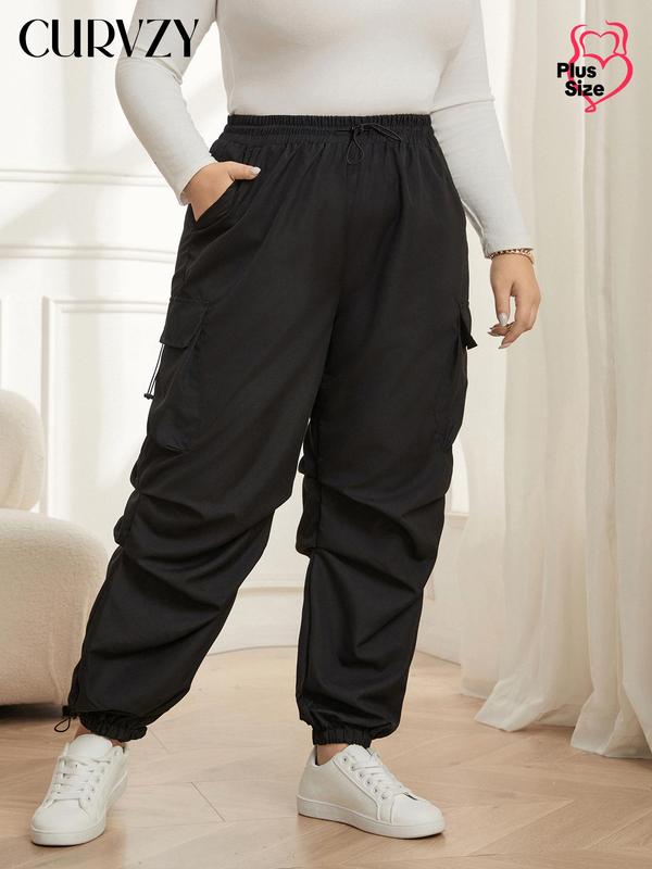 CURVZY Christmas Deals, Plus Size Solid Drawstring Waist Cargo Pants, Casual Pocket High Waist Trousers for Women, Women's Bottoms for Fall & Winter, Christmas 2024 Trend, Fall & Winter Clothes