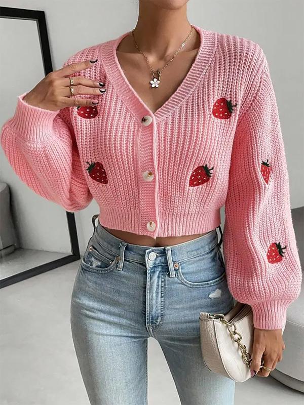 Womenswear Strawberry Embroidery Comfort Button Front Crop Cardigan, Cardigans for Women, Casual Drop Shoulder Long Sleeve V Neck Knitwear for Fall & Winter, Lady Fashion Ladies' Knit Clothing for Daily Wear
