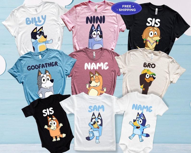 Personalized Blueey Family Matching Shirts, Custom Blueyy Birthday Party Tees, Personalized Bluey and Bingo T-shirts, Bandit Heeler Shirt, Bluey Toddler Tee, Trendy Mama Shirt, Womens Tshirt,  Gift for Cartoon Lover, Blue Family Character T-shirt