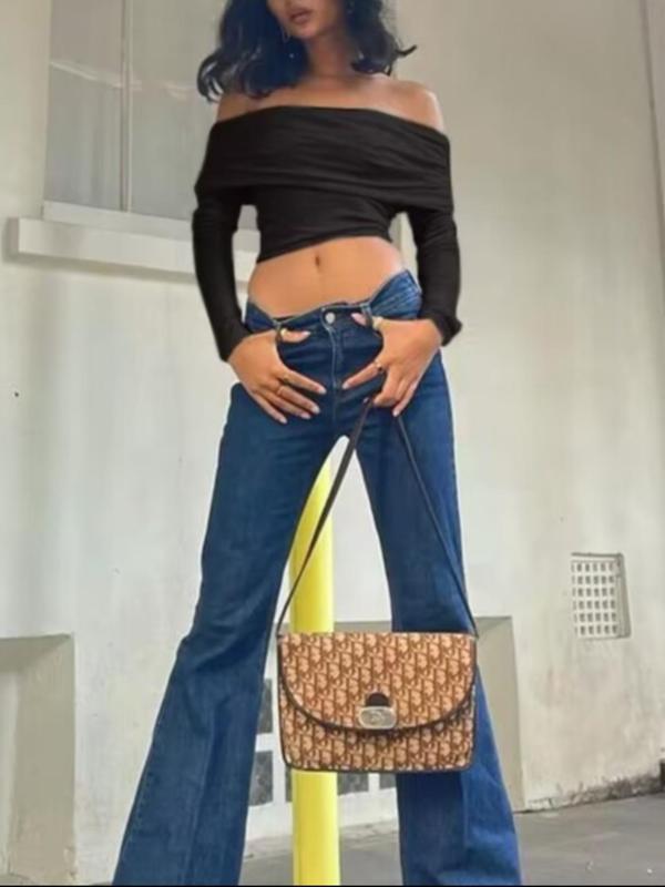 Women's Solid Off Shoulder Ruched Crop Tee, T Shirts for Women, Fashion Casual Long Sleeve T-shirt for Daily Outdoor Dating Wear, Ladies Clothes for Summer, 90s Clothes