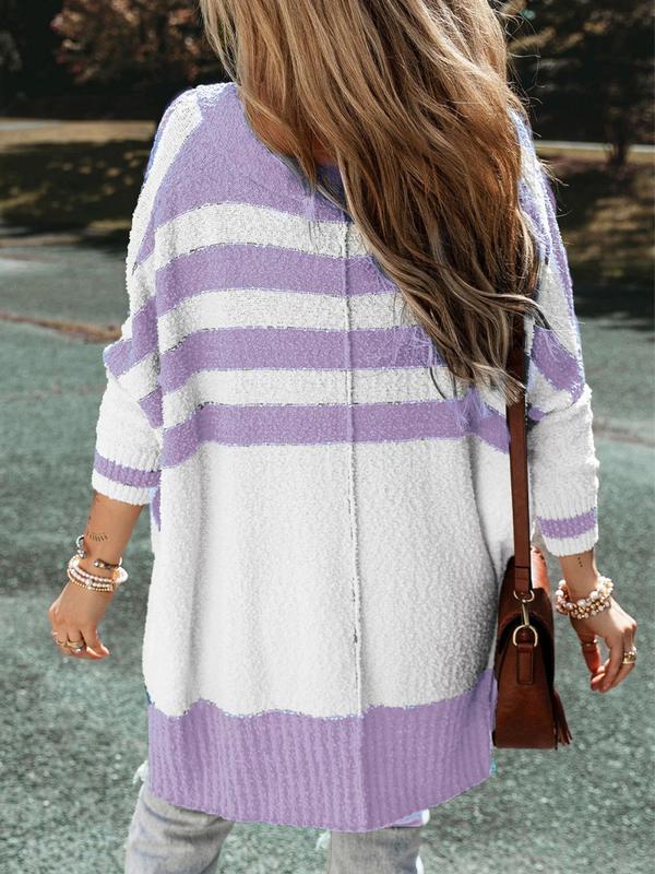 Women's Colorblock Striped Print Button Front High Low Hem Cardigan, Casual Drop Shoulder Long Sleeve V Neck Cardigan for Fall & Winter, Cardigan for Women, Winter Clothes Women 2024, Women's Knit Clothing for Daily Wear