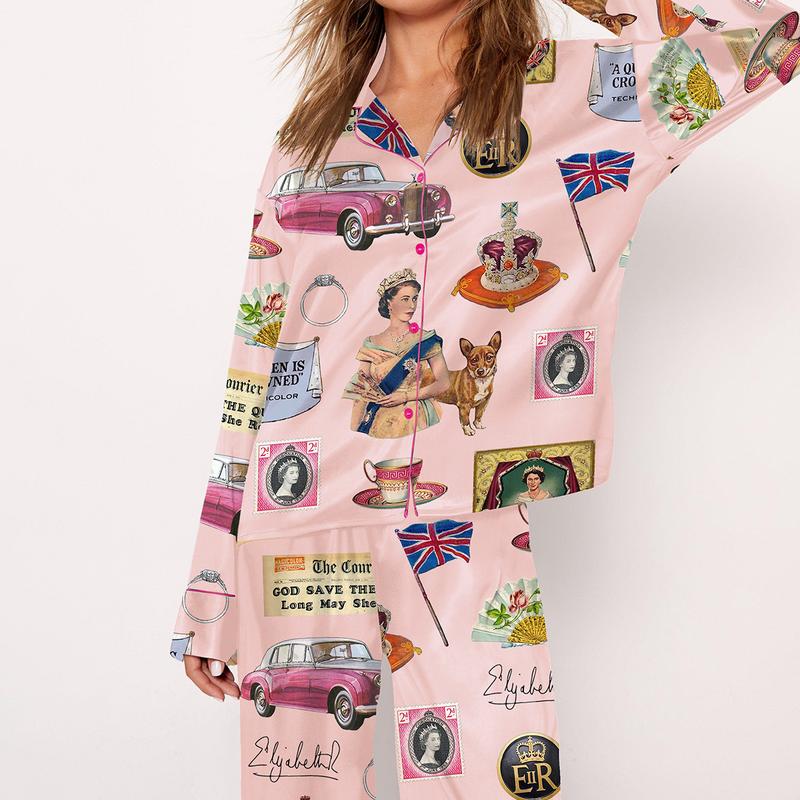 Queen Elizabeth II Vintage Pajama Set For Women Print Comfy Satin Sleepwear & Loungewear Pjs Short Sleeve Top & Bottoms Shorts Without Pockets - SHESHOW