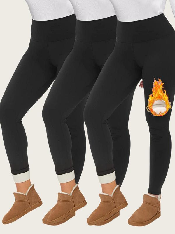 Women's Solid High Waist Thermal Lined Leggings, Casual Soft Skinny Pants, Women's Thermal Underwear for Fall & Winter