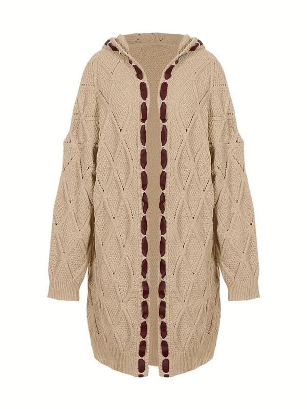 Women's Patchwork Drop Shoulder Cable Knit Hooded Cardigan, Casual Long Sleeve Open Front Knitwear for Spring & Fall, Fashion Women's Knit Clothing for Daily Wear, Cardigan for Women, Fall Clothing Women