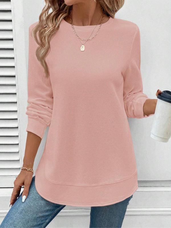 Women's Plain Waffle Knit Tee, Casual Long Sleeve Round Neck T-shirt for Daily Wear, Ladies Clothes for All Seasons