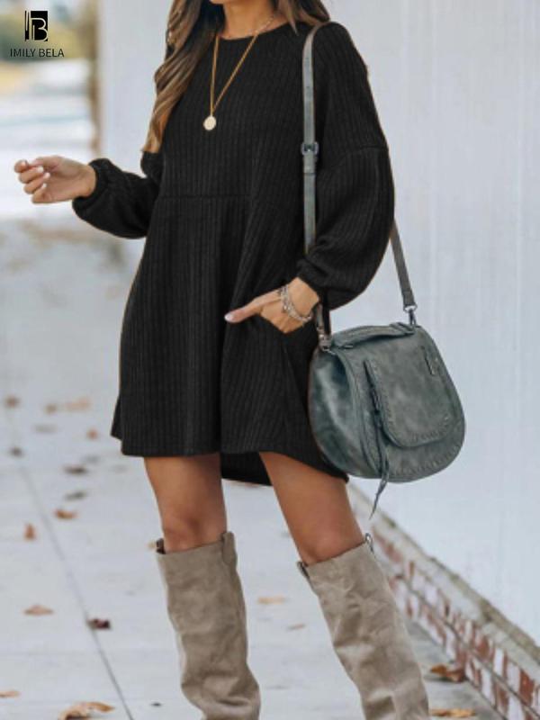Minimalist Chic Plain Textured Ribbed Pocket Bishop Sleeve Crewneck Dress, Comfort Lady Casual Wear, Basic Clothes for Daily Wear, Longsleeves Womenswear, Dresses for Women, Thneed Dress