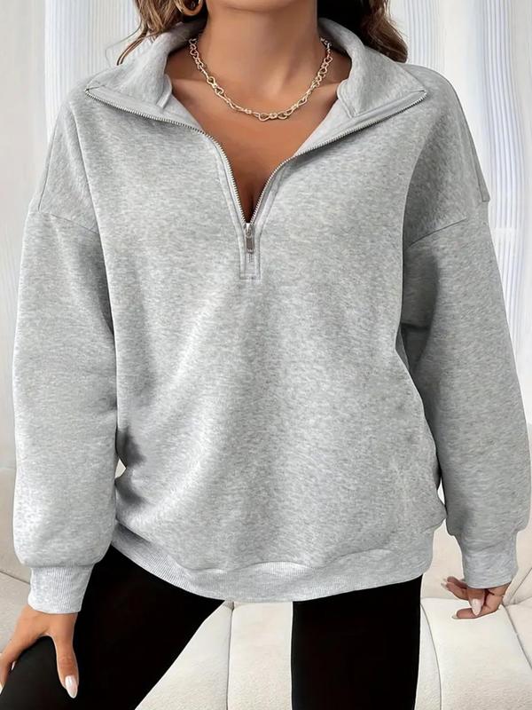 Plus Size Solid Drop Shoulder Half Zip Up Sweatshirt, Comfort Lady Hoodie, Basic Womenswear, Casual Long Sleeve Polo Neck Pullover for Fall, Women's Clothes for Daily Wear, Sweatshirts for Women