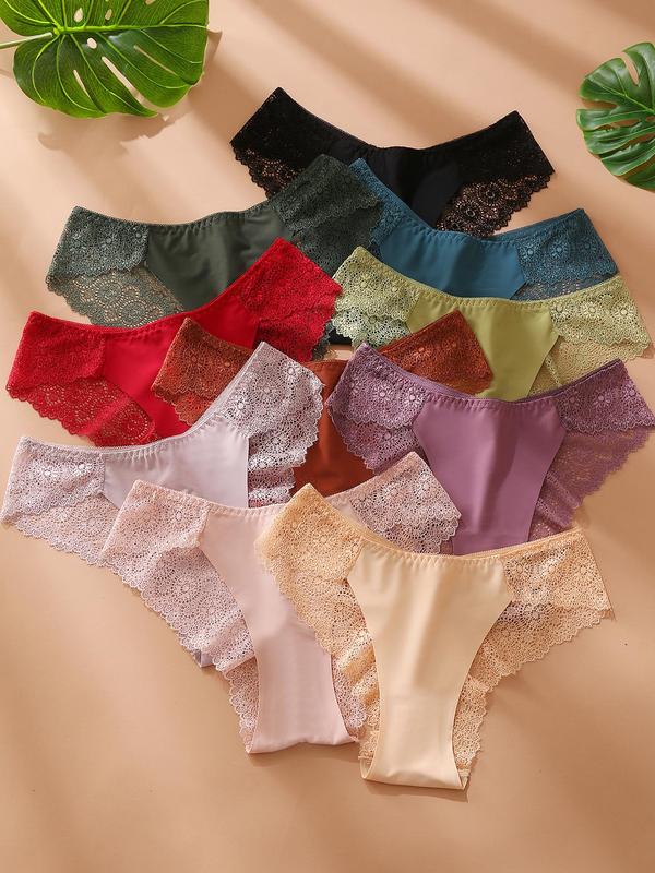 Women's 10 Counts Solid Color Contrast Lace Hollow Out Knicker, Summer Clothes for Lady, Comfy Breathable Panties for All Seasons Daily Wear, Underwear for Women