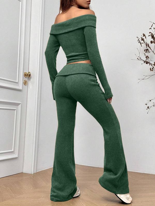 Women's Solid Off Shoulder Crop Top & Flare Leg Pants Ribbed Set, Street Fashion Casual Long Sleeve Top & Bell Bottom Trousers for Daily Outdoor Wear, Women's Clothing for Spring & Fall