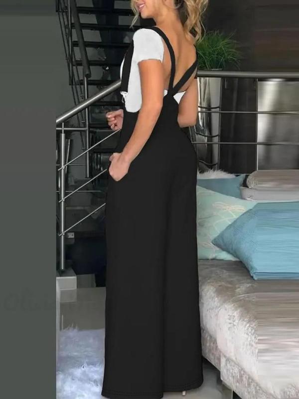 Plus Size Solid Grommet Eyelet Pocket Wide Leg Overalls Jumpsuit, Casual Adjustable Strap Sleeveless Overalls for Daily Wear, Women's Plus Clothing for All Seasons