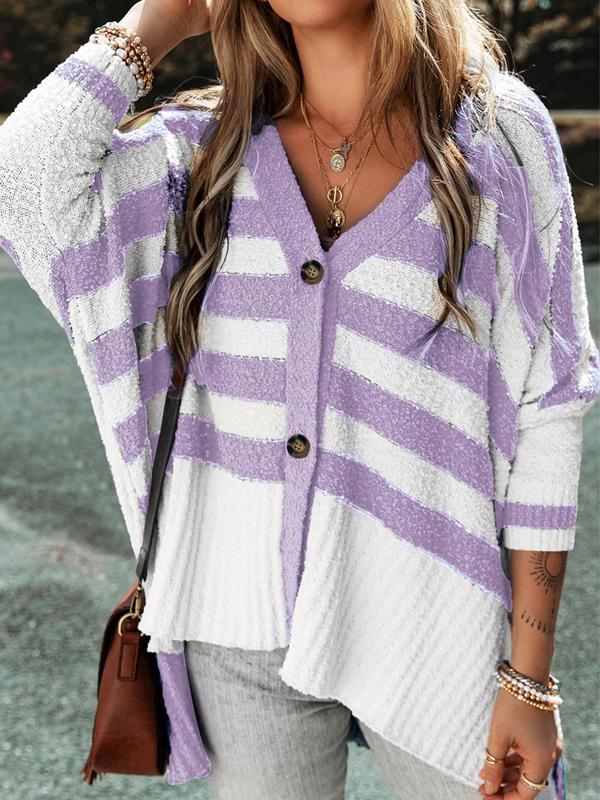 Women's Colorblock Striped Print Button Front High Low Hem Cardigan, Casual Drop Shoulder Long Sleeve V Neck Cardigan for Fall & Winter, Cardigan for Women, Winter Clothes Women 2024, Women's Knit Clothing for Daily Wear