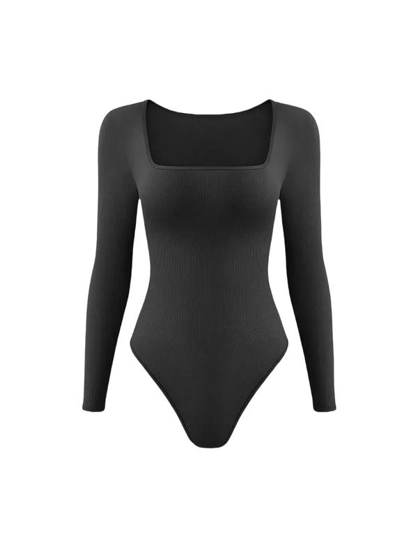 Women's Solid Square Neck Long Sleeve Shapewear Bodysuit, Casual Comfy Tummy Control Shaper, Ladies Shapewear for All Seasons Shaper Clothes