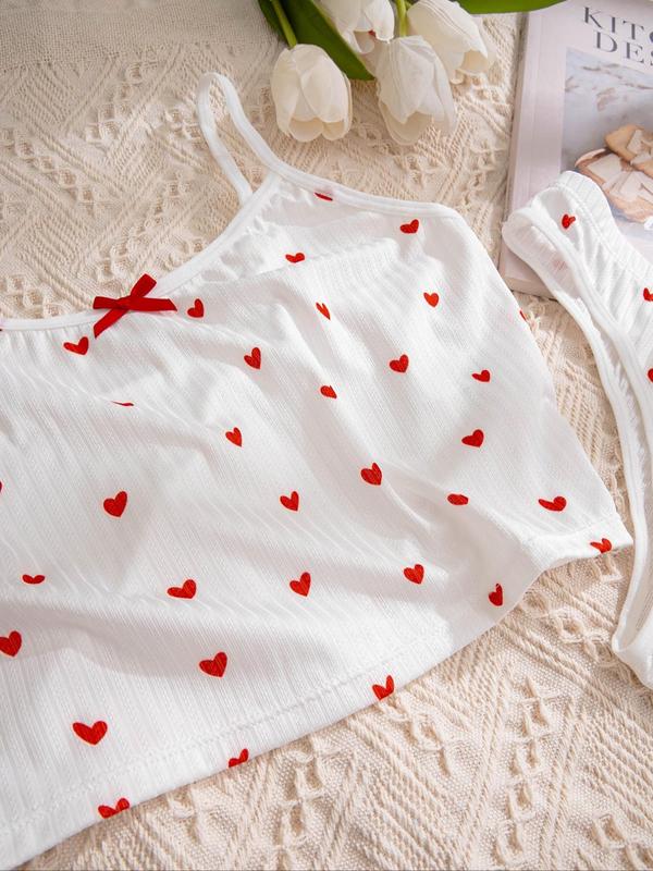 Three-Piece Set Women's All Over Print Bow Decor Underwear Set, Cute Cami Lingerie Top & Thong Set, Lady Summer Lingerie Set for Daily Wear