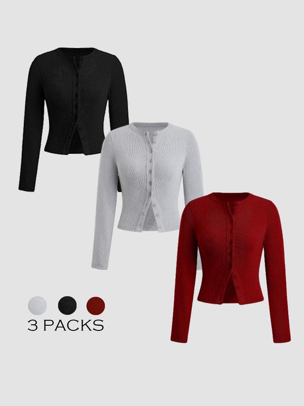 Women's Solid Button Front Ribbed Tee, Casual Long Sleeve Round Neck T-shirt for Spring & Fall,  T Shirts for Women, Ladies Clothes for Daily Wear