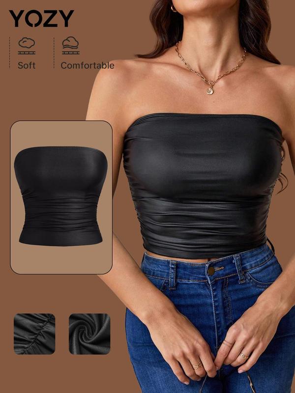 YOZY Women's Solid Ruched Tube Interlock Tank Top, Casual Sleeveless Strapless Top for Daily Wear, Ladies Clothes for All Seasons