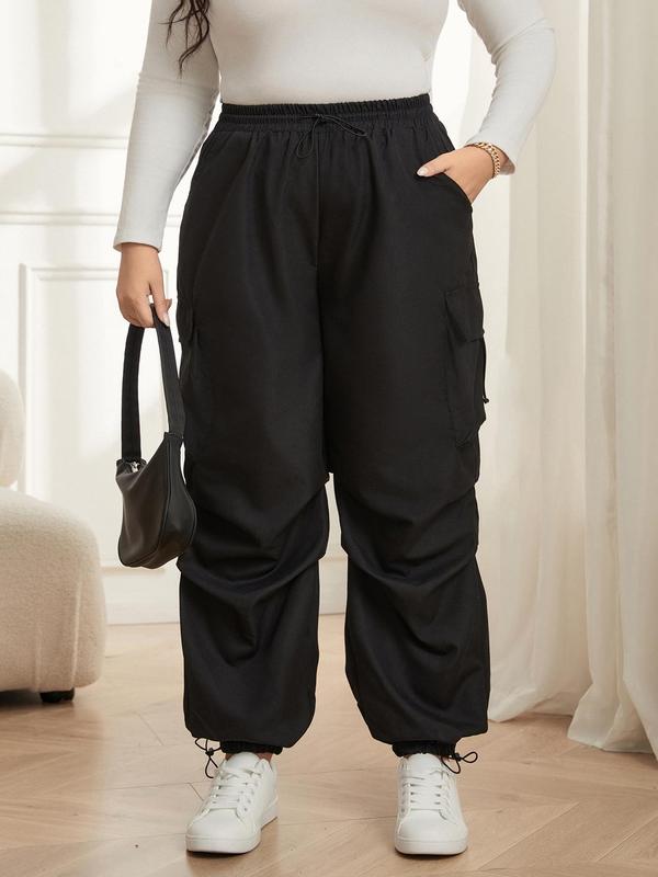 CURVZY Christmas Deals, Plus Size Solid Drawstring Waist Cargo Pants, Casual Pocket High Waist Trousers for Women, Women's Bottoms for Fall & Winter, Christmas 2024 Trend, Fall & Winter Clothes