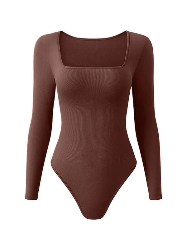 Women's Solid Square Neck Long Sleeve Shapewear Bodysuit, Casual Comfy Tummy Control Shaper, Ladies Shapewear for All Seasons Shaper Clothes