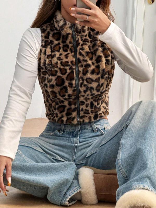 Women's Leopard Print Zip Up Crop Vest Jacket, Casual Sleeveless Stand Collar Plush Outerwear for Fall & Winter, Ladies Clothes for Daily Wear