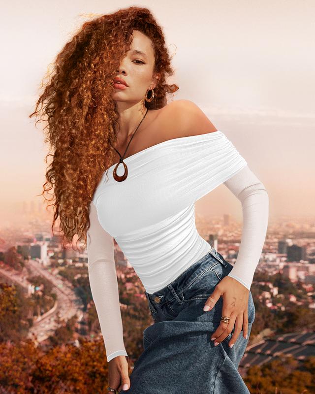 Women's Off The Shoulder Long Sleeve Bodysuit Sexy Slimming Body Suit Sheer Mesh Ruched Outfits Tops