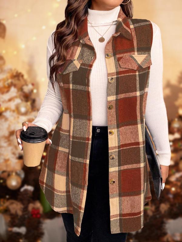  Plaid Print Button Front Flap Detail Collar Vest Coat, Casual Sleeveless Outerwear for Spring & Fall, Winter Clothes Women, Women's Plus Clothes for Daily Wear, Fall Outfits 2024