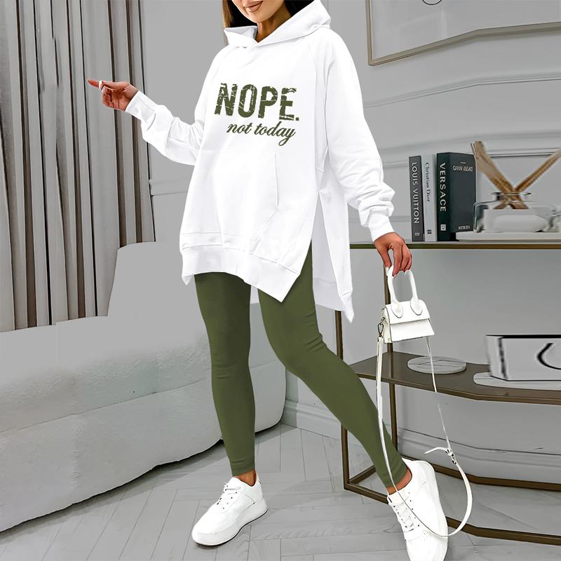 ChicMe 2 Piece Nope Not Today Print Casual Side Slit Sweatshirts Pullover Lose Fit Hoodie with Kangaroo Pocket and Slim Fit Pants Tracksuit Sets Comfort Womenswear Comfort Womenswear