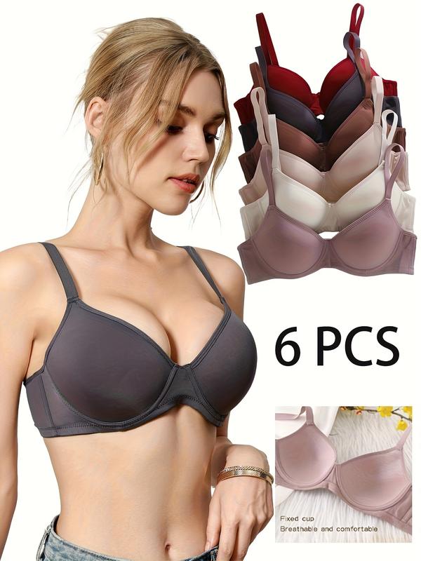 6-Pack Ultra-Soft Seamless Full Coverage Push-Up Bras - Comfortable Everyday Supportive T-Shirt Bras with Breathable Cups, Elegant Style, and Versatile Value - Soft Polyamide and Elastane Blend Fabric