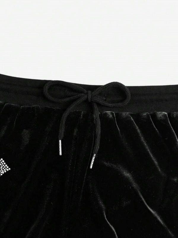 Women's Plain Rhinestone Decor Drawstring Waist Shorts, Summer Clothes Women, Fashion Casual Shorts for Daily Outdoor Wear, Ladies Bottoms for Summer