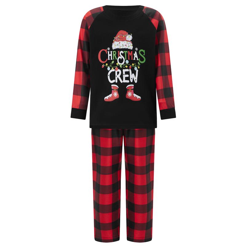 Christmas Family Pajamas Matching Set Letter Santa Hat Print Long Sleeve Tops and Plaid Pants Sleepwear