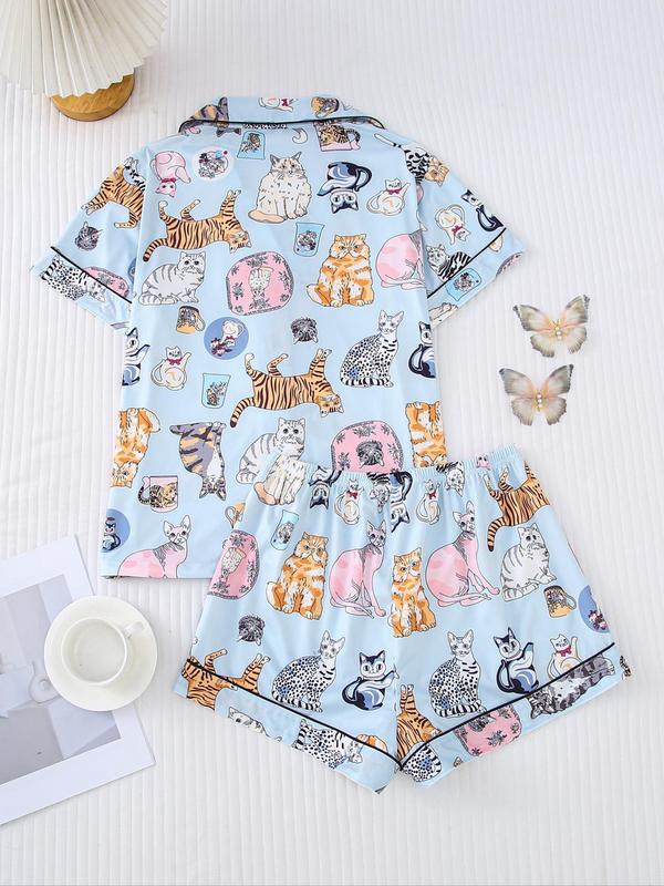 Two-piece Set Women's Cartoon Animal Print Lapel Neck Button Front Shirt & Elastic Waist Shorts Pajama, Casual Comfy Short Sleeve Pocket Top & Shorts Pj Set, Ladies Sleepwear for All Seasons