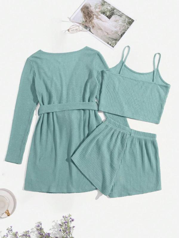Women's Solid Textured Belted Lounge Robe & Crop Cami Top & Elastic Waist Shorts Loungewear Set, Fall Wear 2024, Lounge Sets, Ladies Spring Sleepwear Set, Summer Lounge Set, Fall Wear Black Girl
