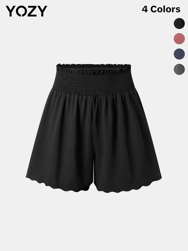 YOZY [4 colors] Shirred Elastic Waist Shorts, Casual Wave Hem Paper Bag Waist Wide Leg Shorts, 2024 Women's Daily Bottoms for Spring & Summer