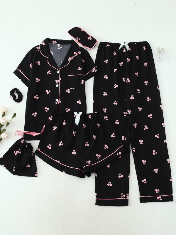 Women's Two-Piece Set All Over Cherry Print Contrast Binding Pyjama Set, Casual Lapel Pocket Shirt & Elastic Waist Pants & Shorts & Scrunchie & Eye Mask & Storage Bag, Women's Sleepwear for All Seasons