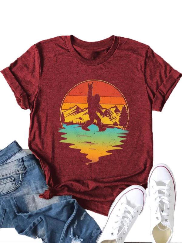 Women's Mountain & Animal Print Round Neck Graphic Tee, Vintage Trendy Casual Short Sleeve T-shirt for Daily Wear, Ladies Summer Outfit