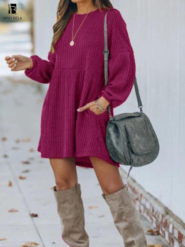 Minimalist Chic Plain Textured Ribbed Pocket Bishop Sleeve Crewneck Dress, Comfort Lady Casual Wear, Basic Clothes for Daily Wear, Longsleeves Womenswear, Dresses for Women, Thneed Dress