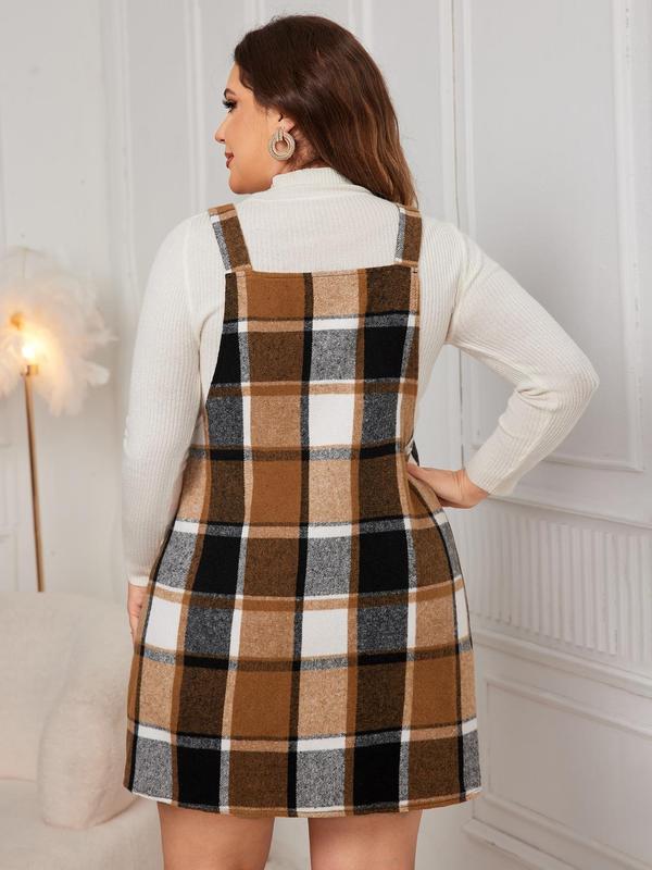  Plaid Print Button Pinafore Dress without Top, Casual Pocket Sleeveless Dress for Spring & Fall, Women's Clothes for Daily Wear, Preppy 80s Clothes