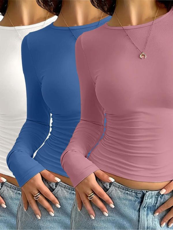 Women's Solid Color Long Sleeve Tee, Casual Basic Round Neck T-shirt for Fall & Winter, Women's Top for Daily Wear