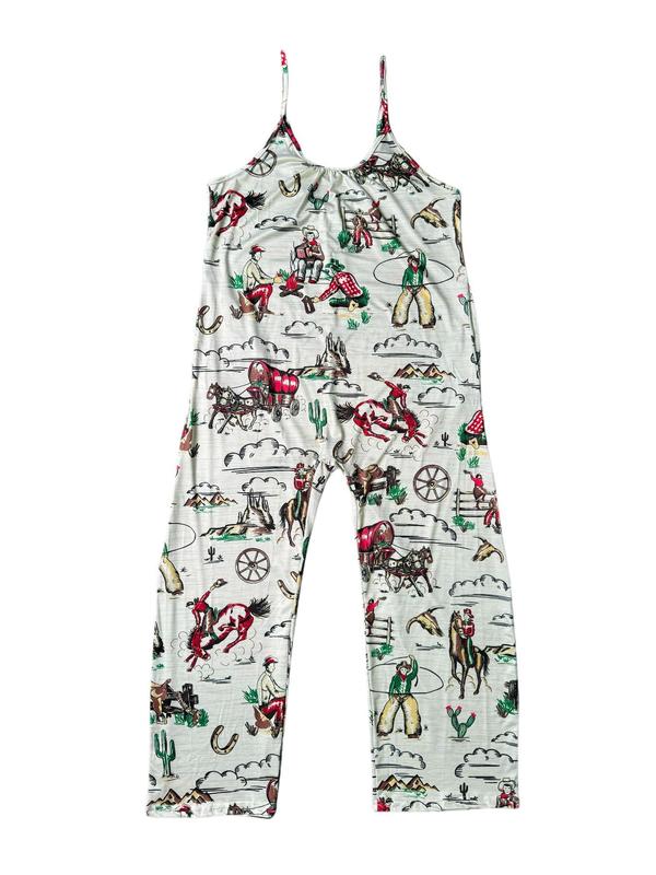 Women's Figure & Cactus Print Ruched Pocket Cami Jumpsuit, Boho Fashion Backless Adjustable Strap Jumpsuit For Beach Vacation Holiday, Ladies Summer Clothes
