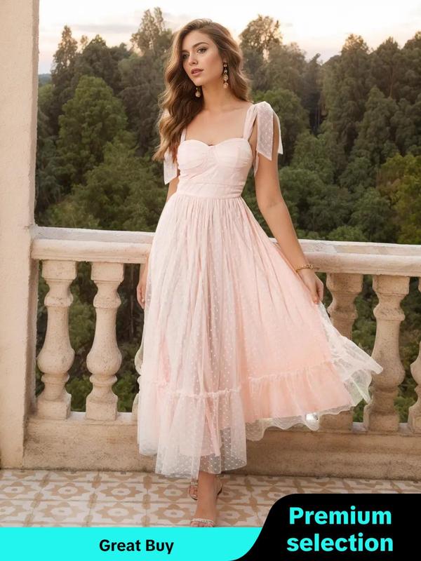 Women's Polka Dot Print Ruffle Hem Tie Shoulder Mesh A Line Vintage Formal Dress, Summer Clothes Women, Party Outfits, Elegant Chic Tie Shoulder Long Dress for Homecoming Birthday Party Prom Wedding Guest, Summer Outfits, Lady Summer Clothes, Fall Outfits