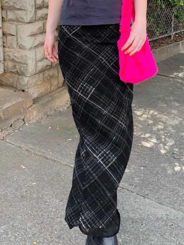 Women's Plaid Print Tulle Bodycon Skirt, Casual Fashionable Long Skirt for Daily Wear, Ladies Spring & Fall Bottoms