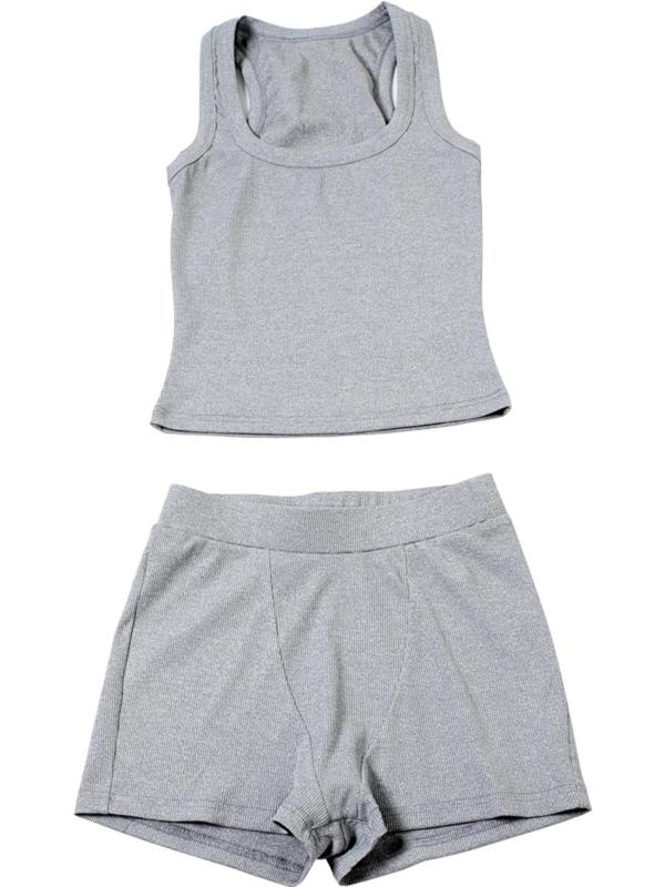 Two-piece Set Women's Solid Ribbed Crop Tank Top & High Waist Shorts, Casual Fashion Cozy Square Neck Sleeveless Top & Skinny Shorts for Daily Outdoor Wear, Ladies Clothes for All Seasons